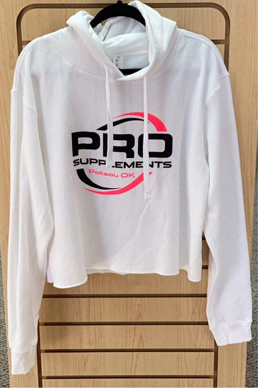 HOODIE CROP TOP WHITE w BLACK/PINK LOGO
