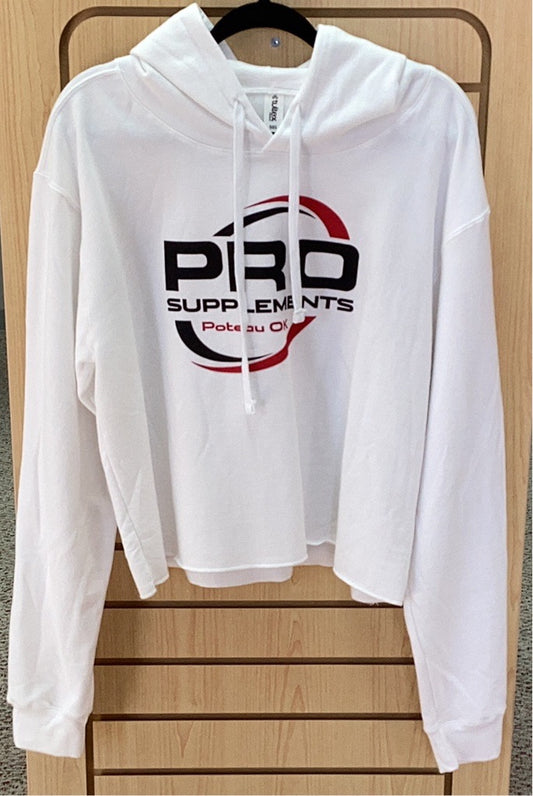 HOODIE CROP TOP WHITE w BLACK/RED LOGO