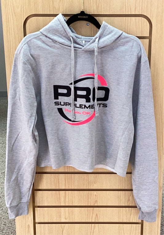HOODIE CROP TOP GRAY w BLACK/PINK LOGO