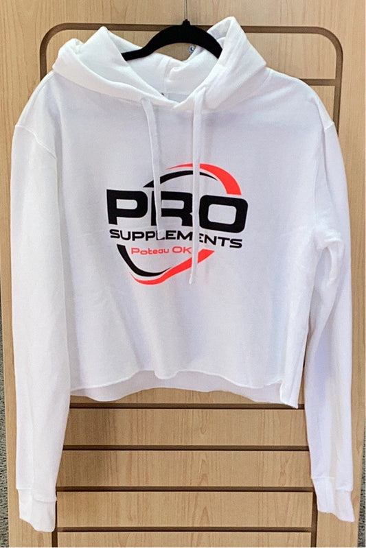 HOODIE CROP TOP WHITE w BLACK/ ORANGE LOGO