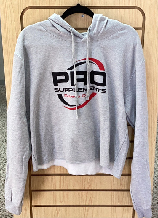 HOODIE CROP TOP GRAY w BLACK/RED LOGO
