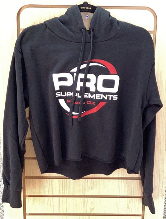 HOODIE CROP TOP BLACK w WHITE/RED LOGO